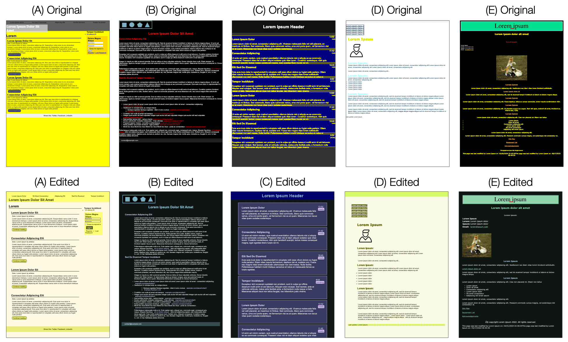 A thumbnail of 5 websites before and after using DesignChecker. The after websites have improved aesthetically according to design pricinples (e.g., color harmony, alignment).