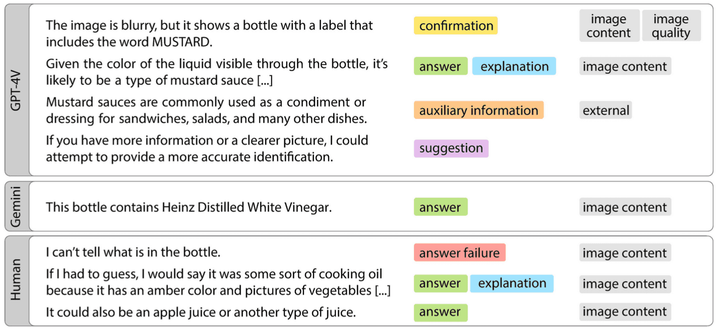 A thumbnail of longform visual question answers across humans, GPT-4V and Gemini. Each answer sentence is labeled with a discourse role (e.g., confirmation, answer) and information source (e.g., image quality, image content).