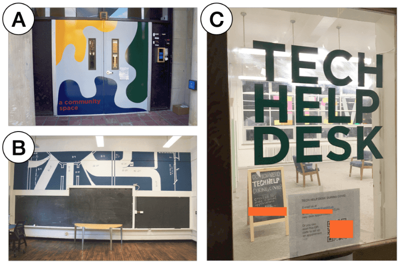 Three images of Tech Help Desk including the Tech Help Desk classroom, the Tech Help Desk sign on the classroom door and the building entrance.