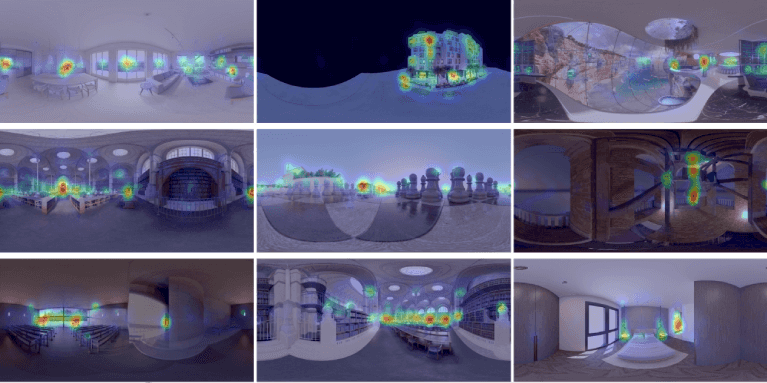 A thumbnail of a paper figure including nine images with heat maps indicating visual saliency in VR.