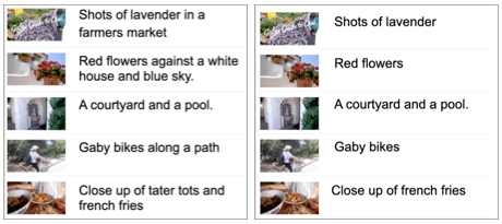 On one side, a set of extended audio description sentences with their corresponding frames, and in the other column a set of inline audio description sentences and the same frames. The shortened descriptions are as follows: `Shots of lavender in a farmers market' is shortened to `Shots of lavender', `Red flowers against a white house and blue sky' is shortened to `Red flowers', `a courtyard and a pool' is not shortened, `Gaby bikes along a path' is shortened to `Close up of french fries', and `Close up of tater tots and french fries' is shortened to `Close up of french fries'