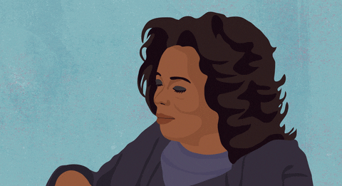 A cartoon stylized version of a popular reaction GIF of Oprah Winfrey shrugging. She turns to look to the camera, glances to the side, stares at the camera, then shrugs with her palms up.